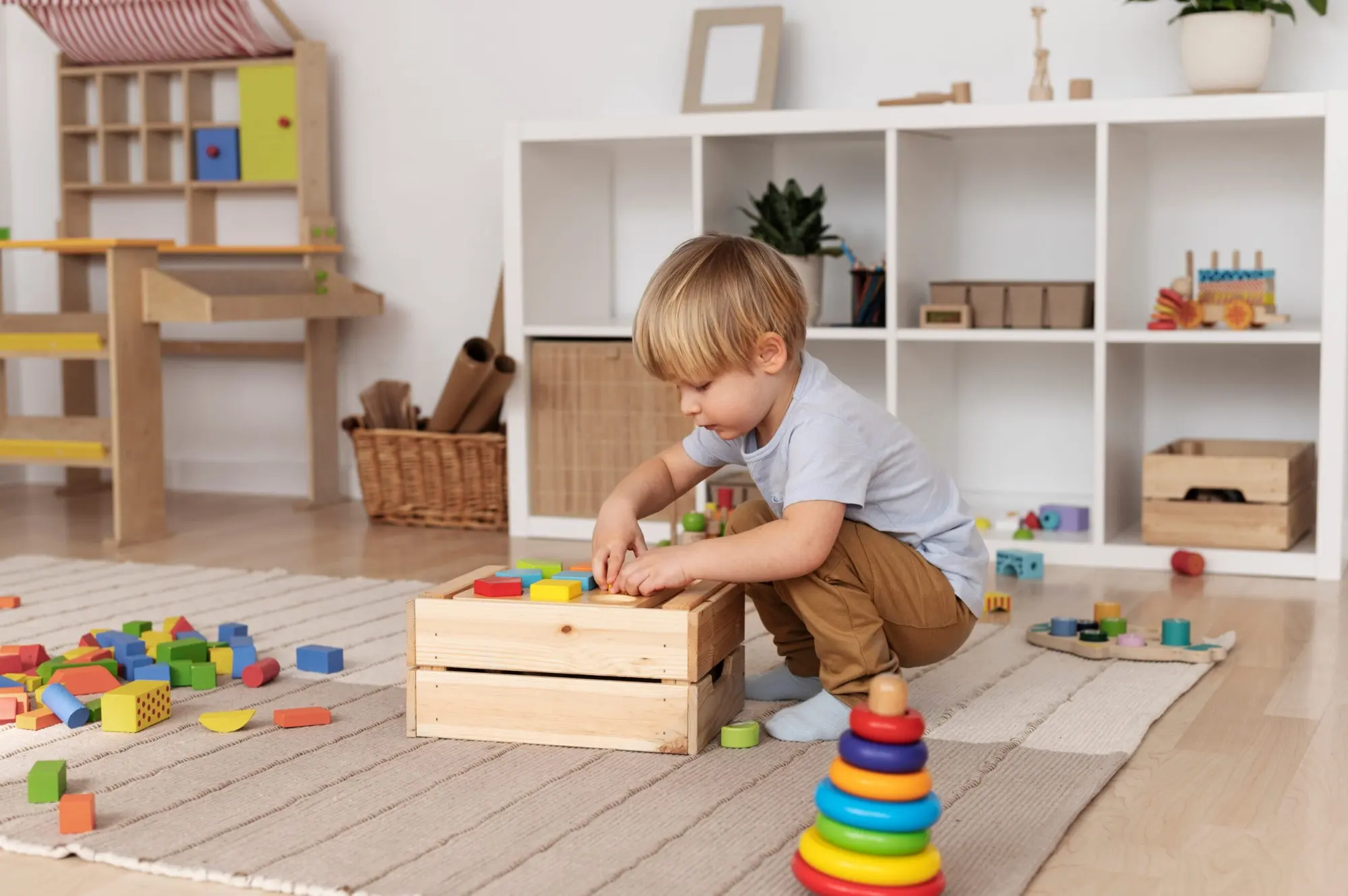Jeune enfant qui manipule des blocs de bois dans un espace de jeu lumineux